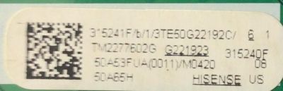 MAIN FUENTE (COMBO) PARA TV HISENSE ((GOOGLE TV)) / NUMERO DE PARTE 315241 / RSAG7.820.12366/ROH / 315240 / 505A53FUA(0011) / PANEL HD500Y1U91-T0L2\GM\GCKD3A\ROH / DISPLAY CV500U2-L01 REV:02 / MODELOS 50A6H / 50A65H 505A53FUA - Imagen 3